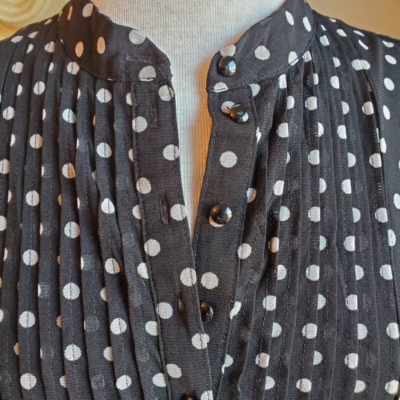 INC Black and White Polka Dot Pleated Button Top - Picture 3 of 6